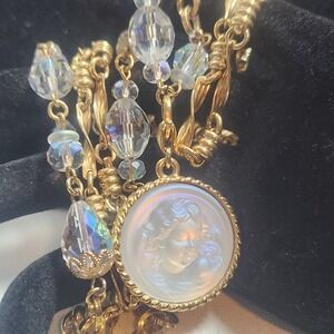 Kirk Folly Gold Tone Long Necklace Iridescent Cameo 
Pendant  "love never die"